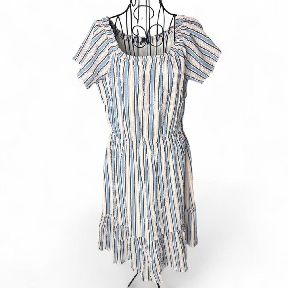 J. Crew Mercantile Blue & Pink Striped Off-the-Shoulder Midi Dress Size M